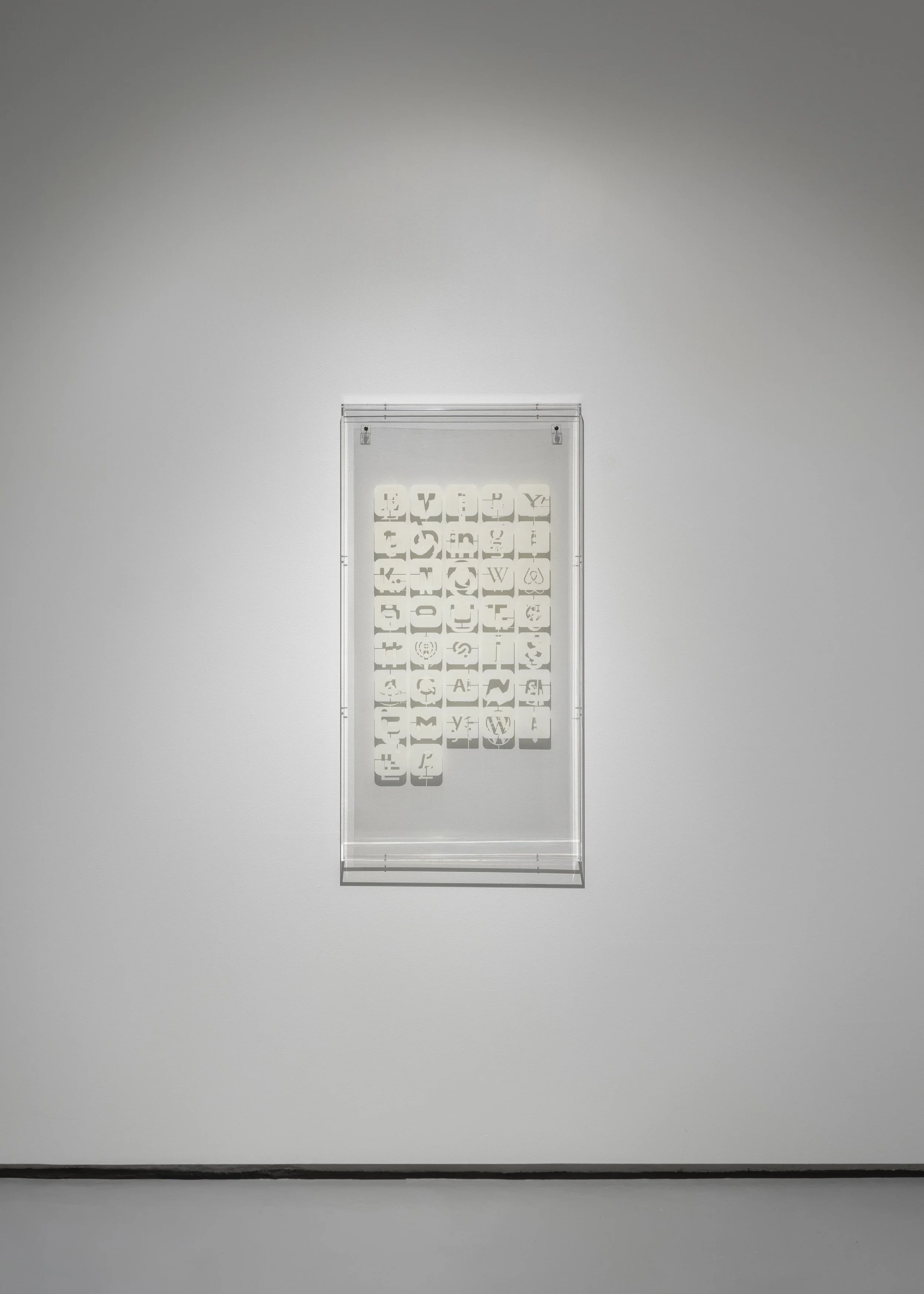 Ransom Notes (Everything I know about this is against my will), 2026 I  Acrylic spraypaint on clear polyester film, Acrylic frame. 106,5 x 55,5 x 5 cm I Photo: Malle Madsen