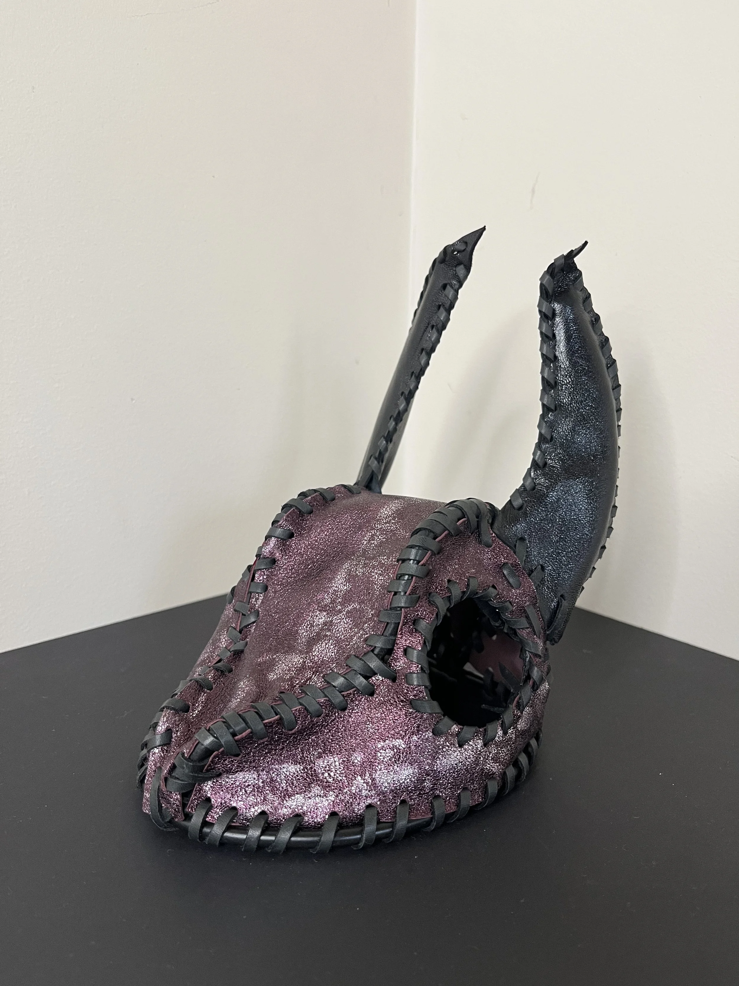 “Amethyst” (2026), welded steel, paint, leather, 12.5(w) x 17(h) x14(d) cm