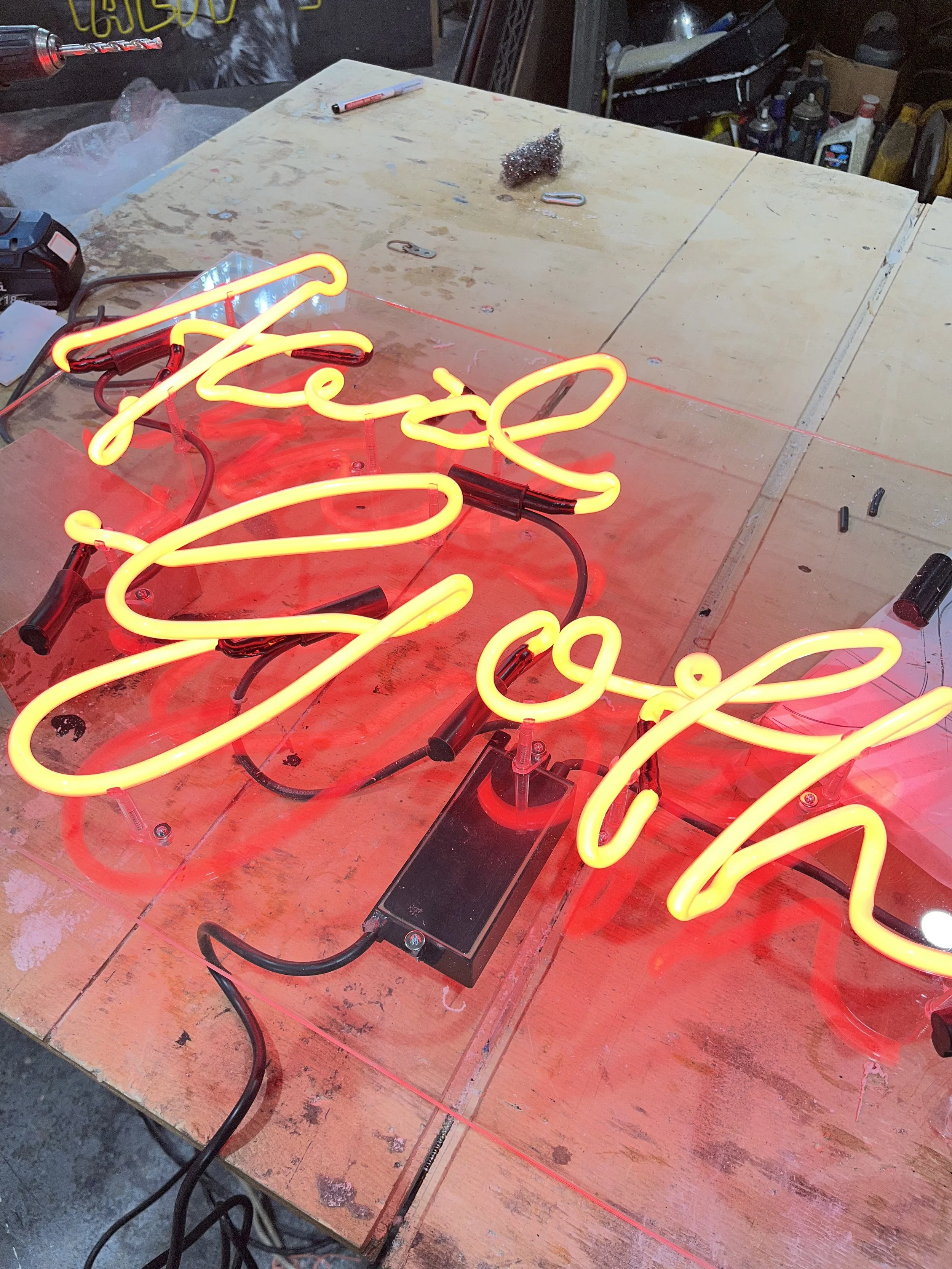 “Acid Goth” (2026), Glass, neon, electrical wiring, acrylic, 80 x 52 x 10cm. With thanks to Steven Cole for all his help during fabrication.