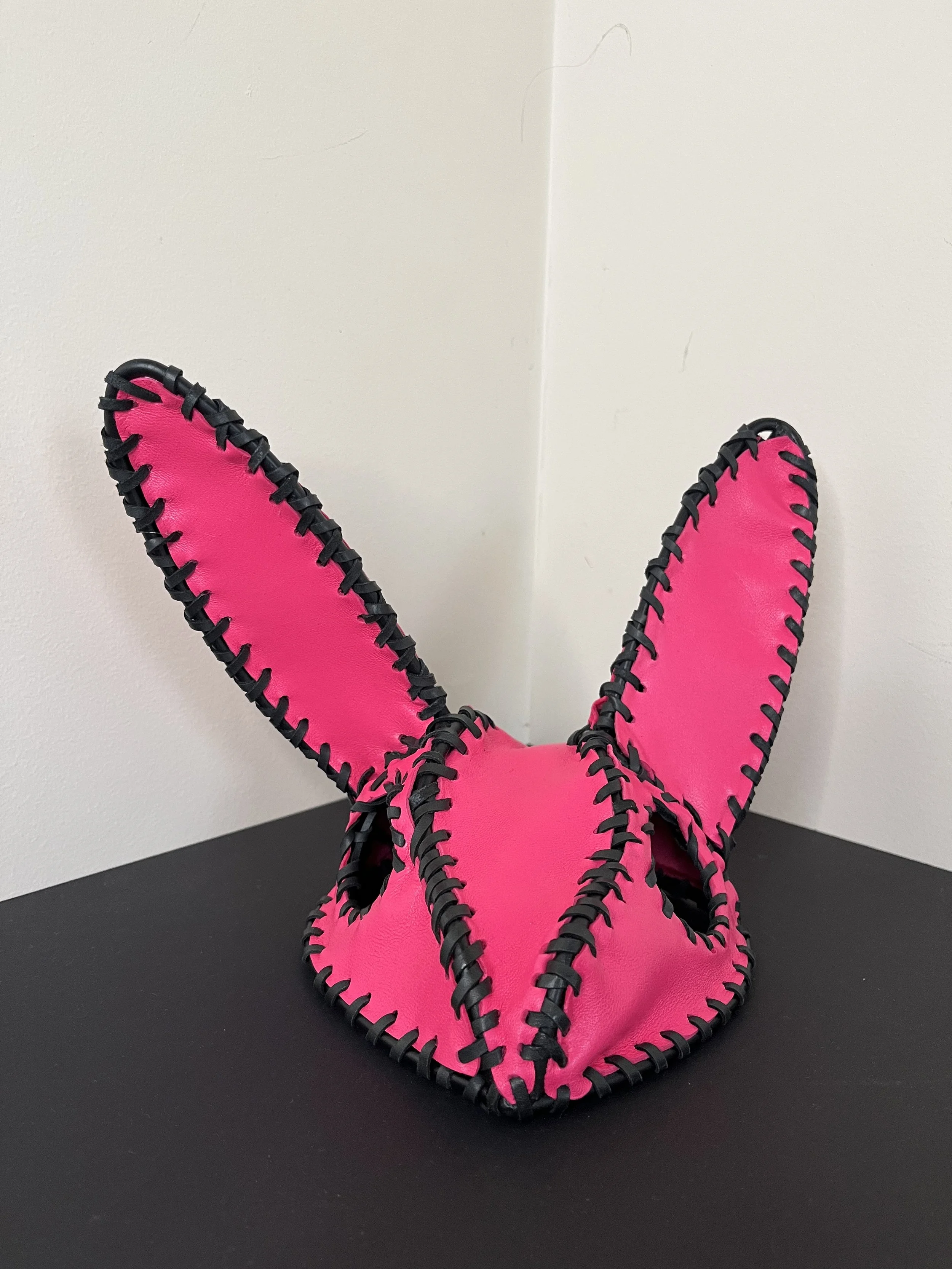 “Frank” (2026), welded steel, paint, leather, 25(w) x 18(h) x15(d) cm