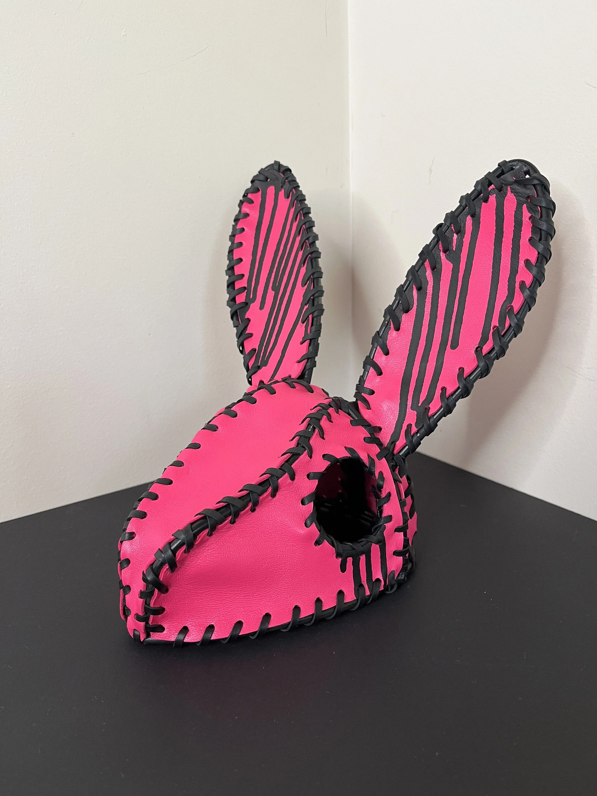 “Dead Frank” (2026), welded steel, paint, ink, leather, 19(w) x 22(h) x17(d) cm