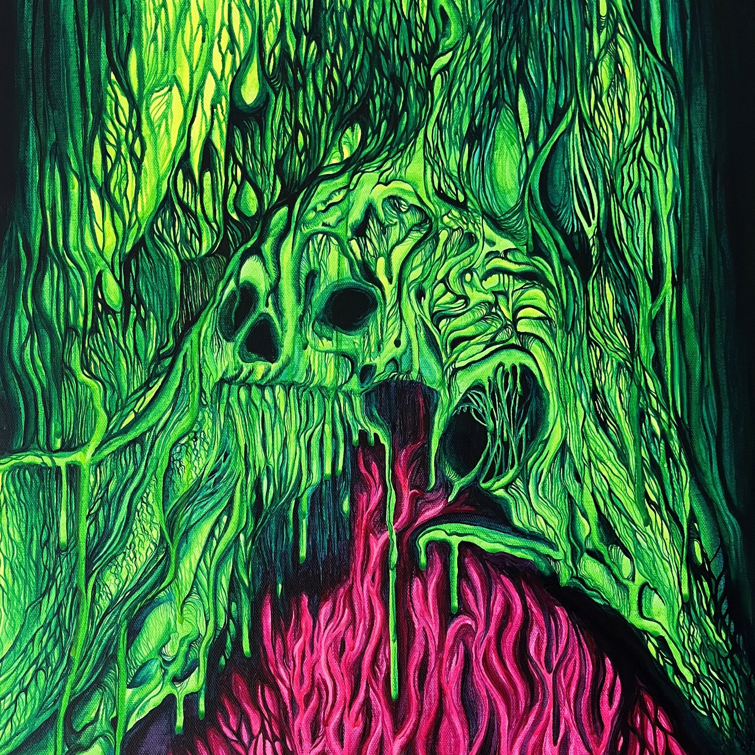 Awakening – surreal neon green and pink painting by Georgie Stokol inspired by melting skulls and nature