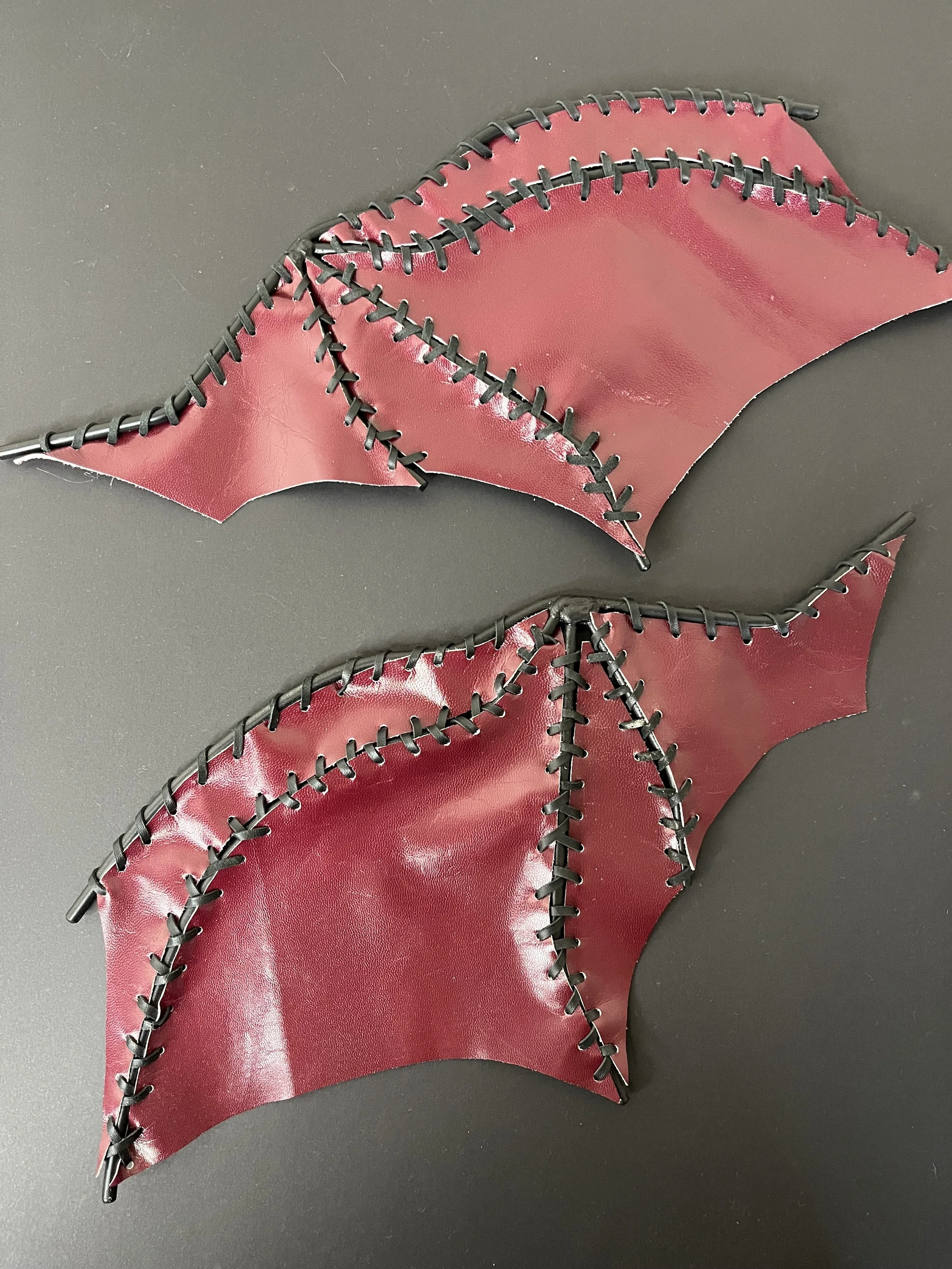 “Tyrian Wings” (2026), welded steel, paint, leather, 40(w)  x 19(l)  x 1(d)cm per wing