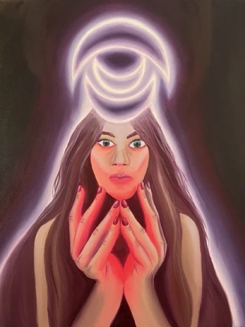 Devotion – surreal vibrant oil painting by Georgie Stokol of a magical woman under purple neon moons