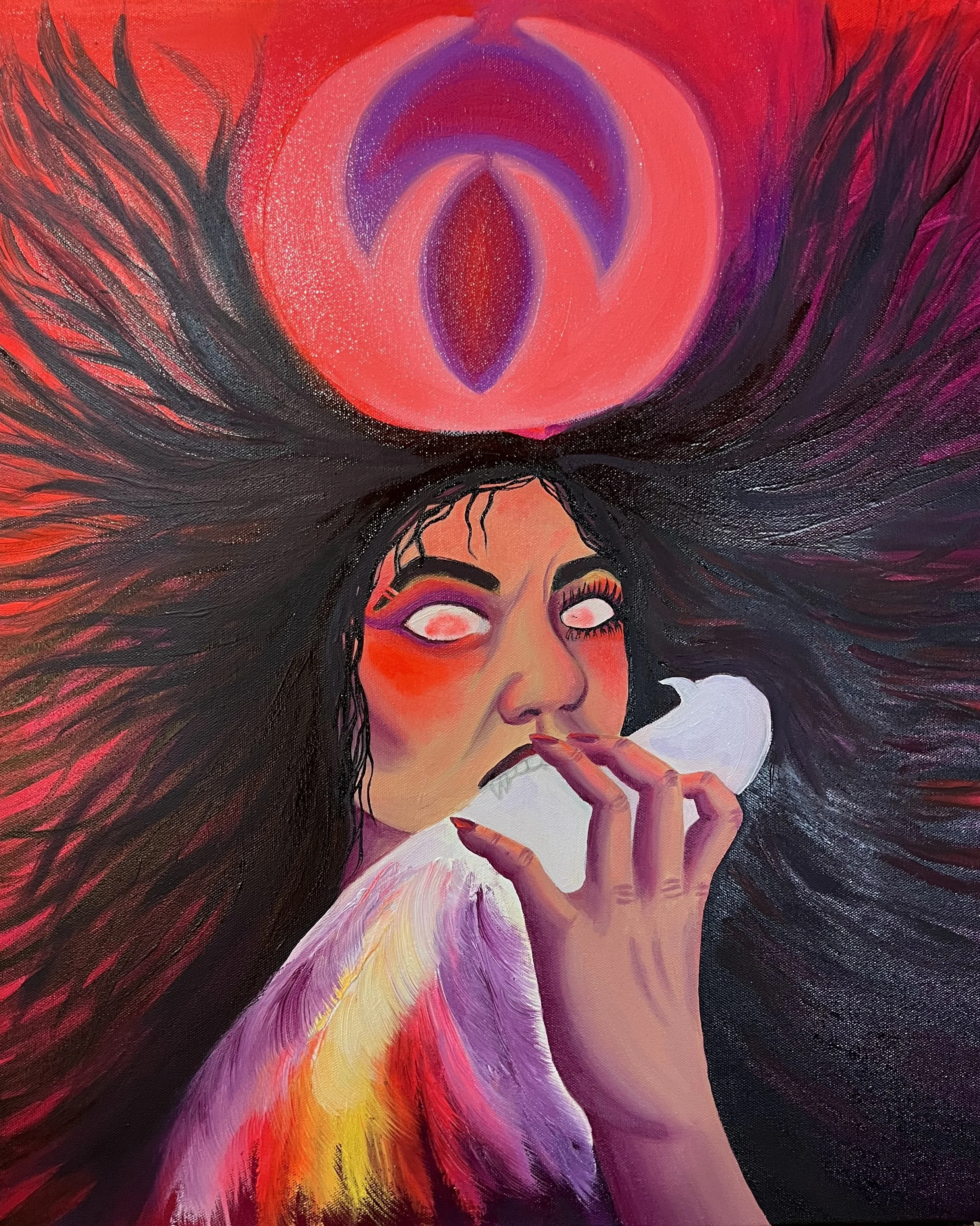 Surrender – surreal vibrant gothic oil painting by Georgie Stokol of an angry goddess eating a dove