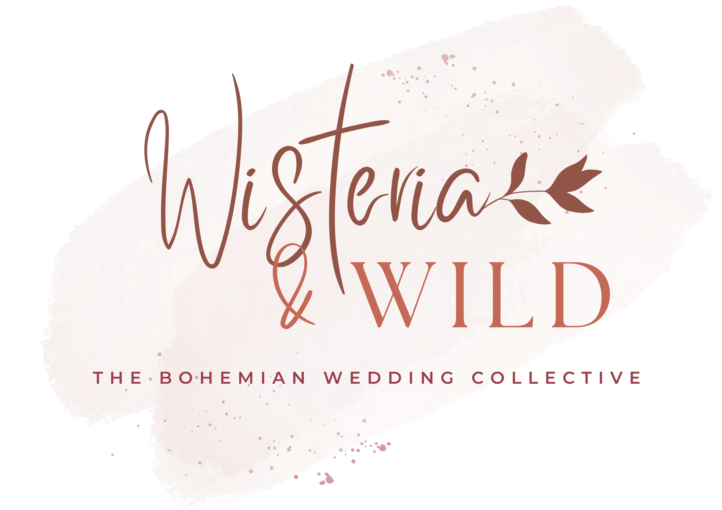 Logo for Wisteria & Wild, featuring watercolor background, elegant cursive and serif fonts, and a small leaf graphic.