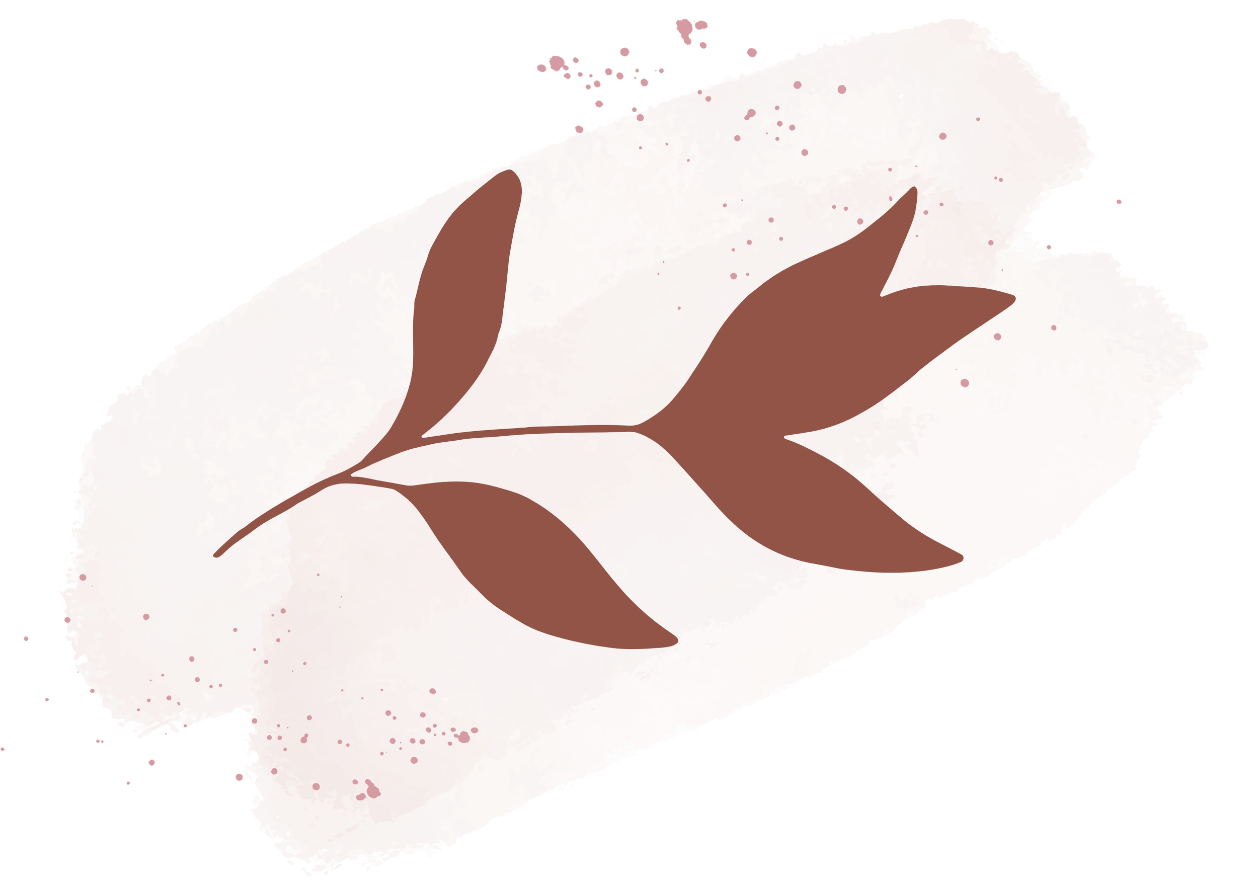 Illustration of a brown leaf on a pink watercolor background.