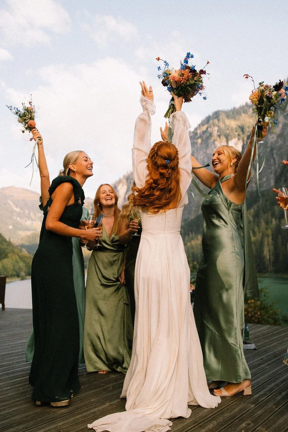 Bridesmaids smiling and laughing on a destination wedding day double border