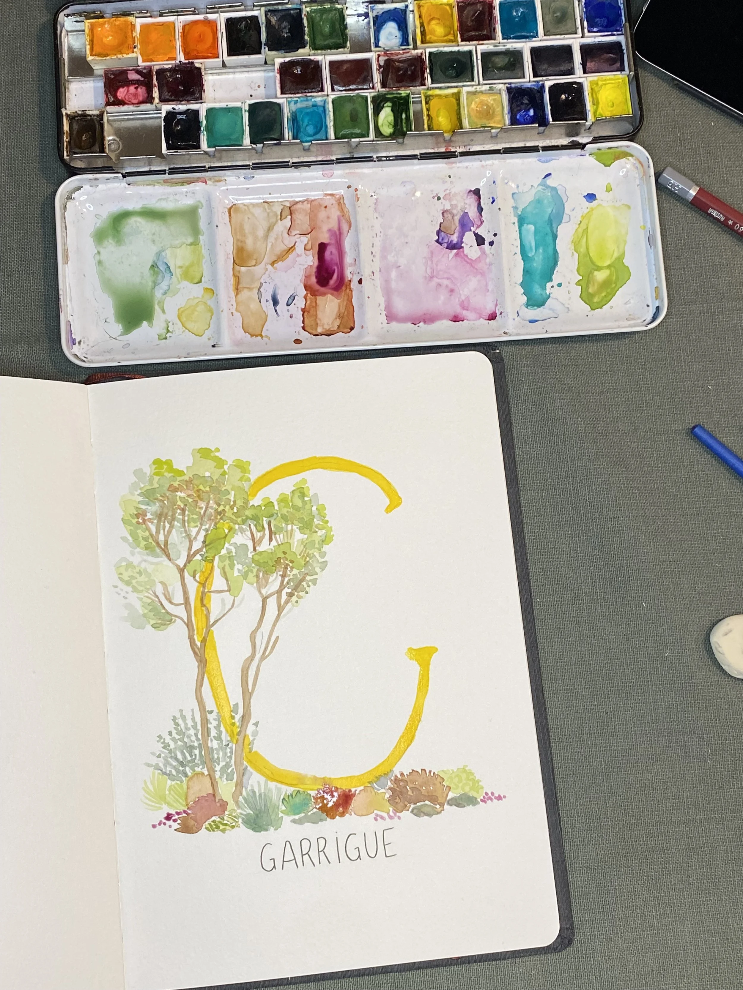 A watercolor painting of a garrigue landscape with trees, plants, and rocks, featuring the word 'GARRIGUE' written below and French letters 'C' and 'V' drawn in yellow over the scene. There is a watercolor palette with various colors at the top and brushes on the side.