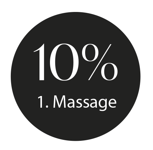 Schwarzer Kreis mit weißem Text: 10% Rabatt auf die erste Massage.