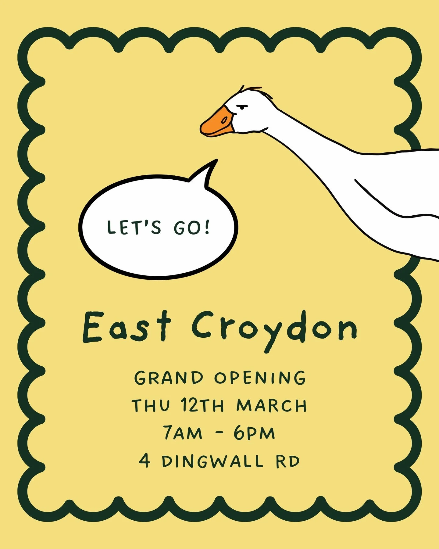 East Croydon, it&rsquo;s happening! 🪿 

Our doors officially open on Thursday 12th March from 7am - 6pm. We&rsquo;ll be serving great coffee (as always) and our best grab &amp; go bites throughout the day. 

Pop in before work, swing by on your lunc