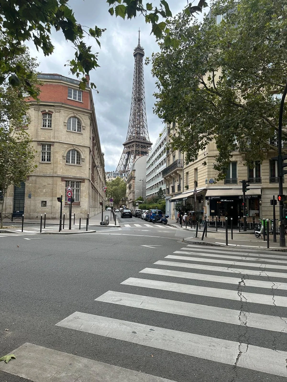 The Eiffel Tower as seen from Rue du General Camou