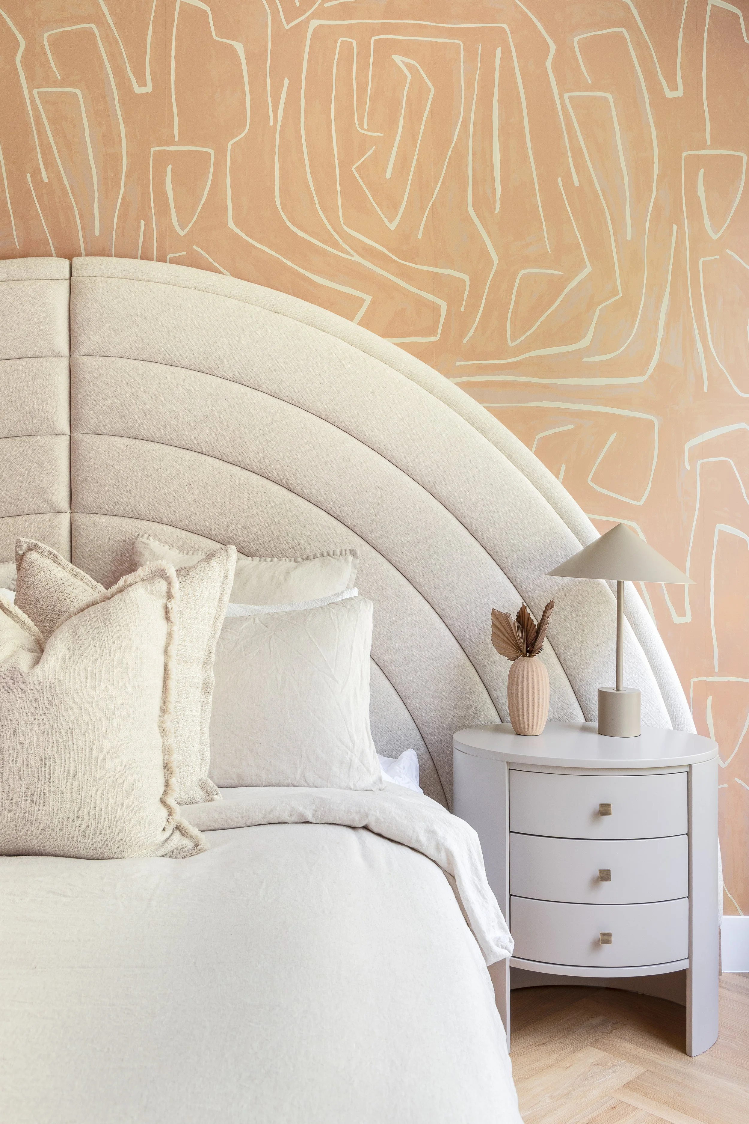 Luxury-Living-Peach-Neutral-Bedroom-Arch-Bed-Head