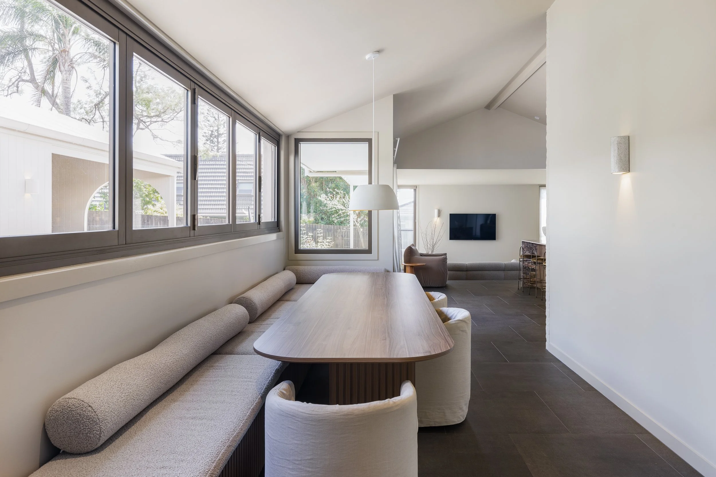 modern industrial open dining pitched roof ceiling