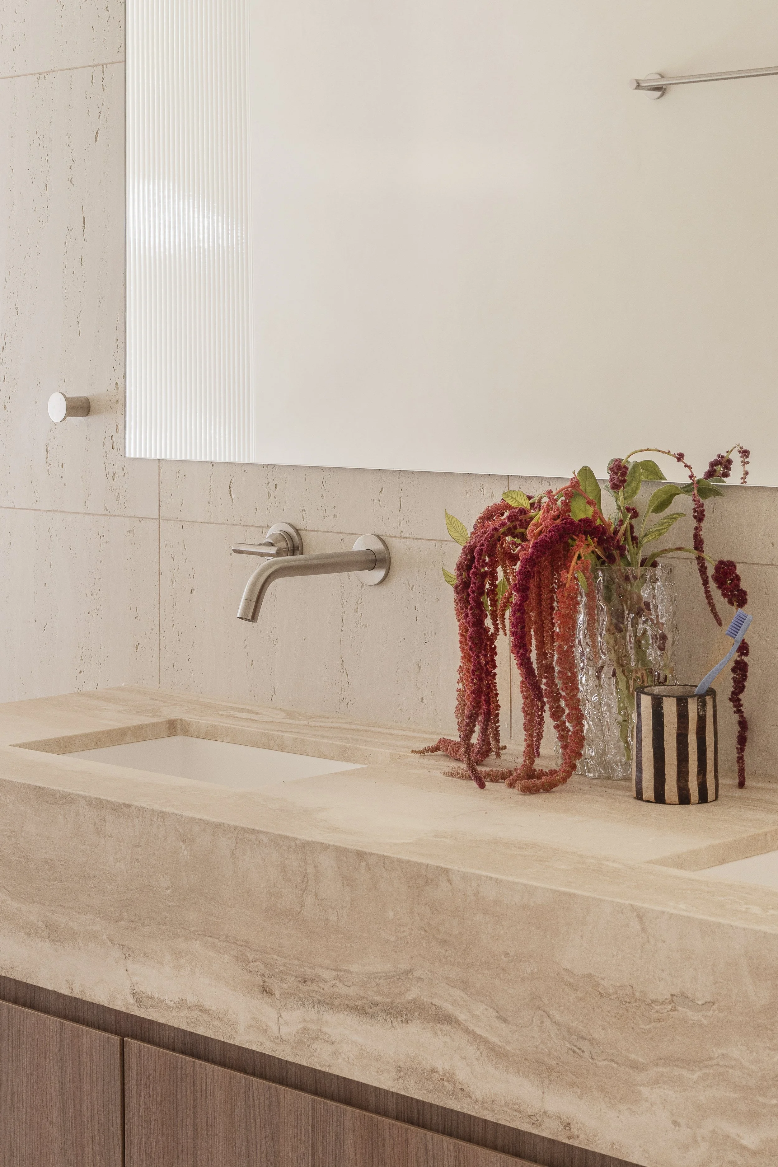 the valle casa neutral travertine bathroom