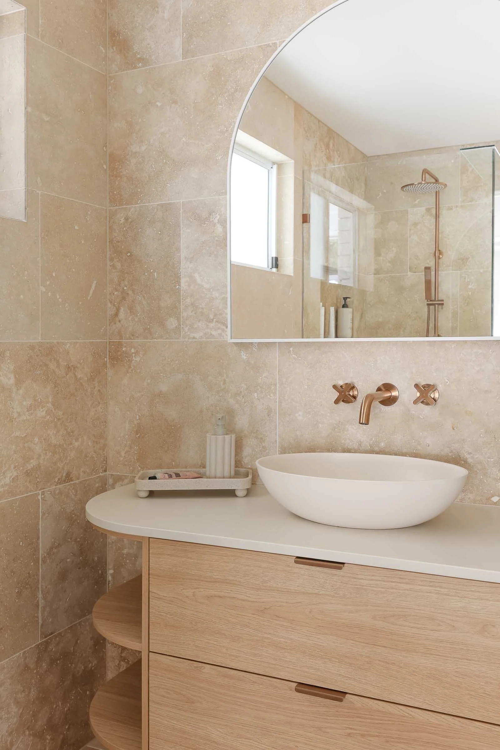 travertine tile warm bathroom interior wood vanity