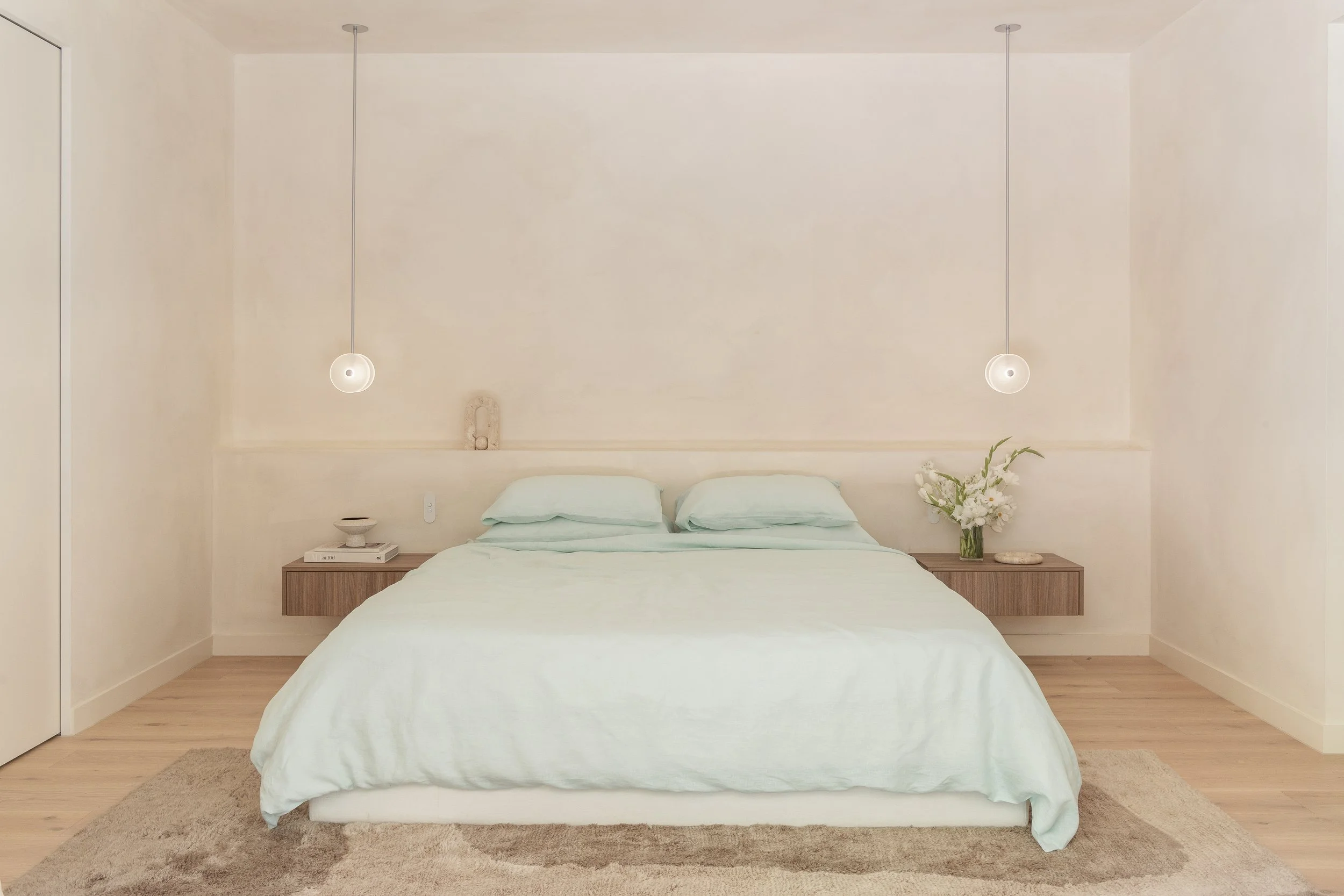 The Valle Casa primary bedroom mint linen bedding