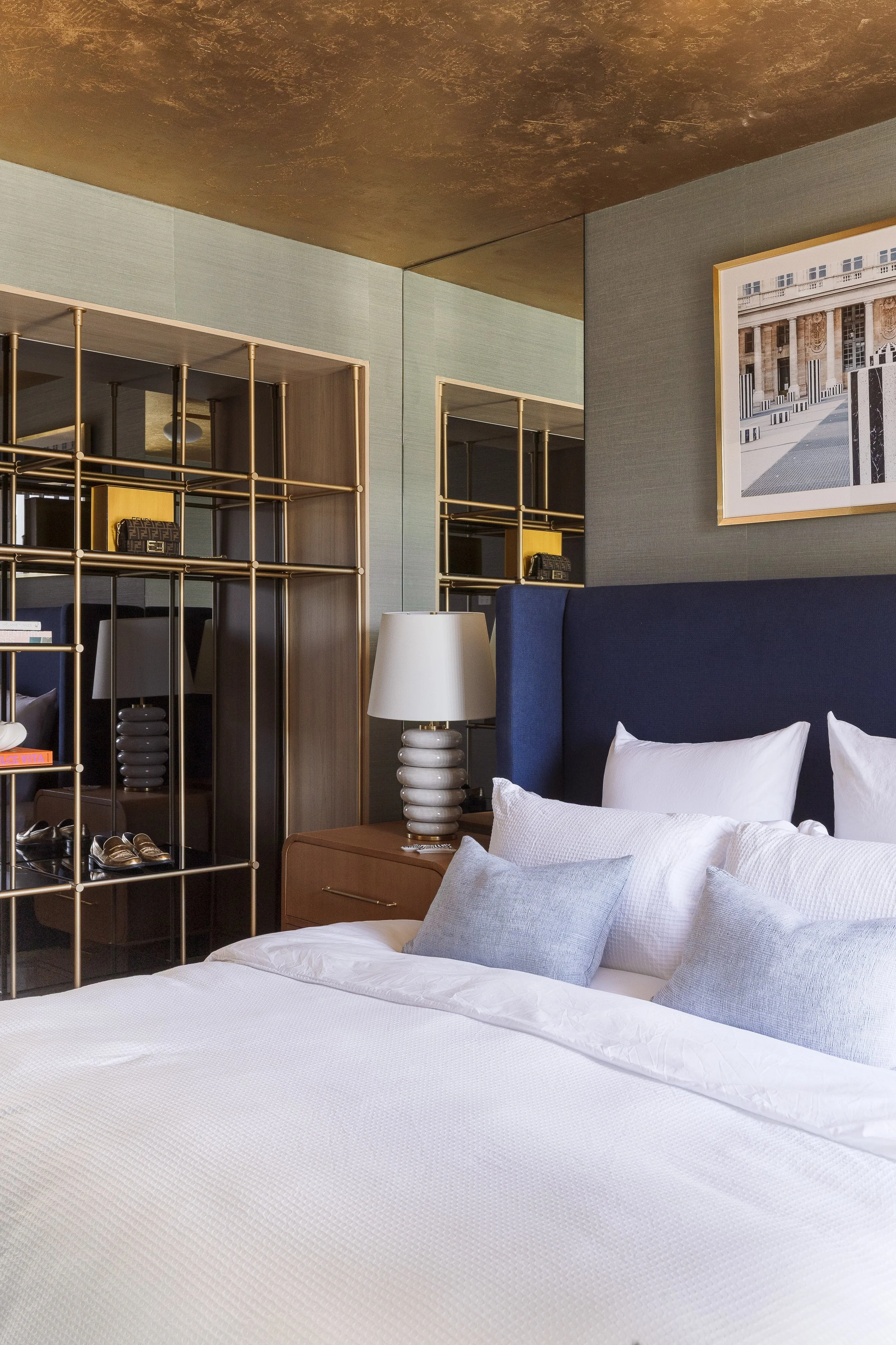 Luxury-Living-Belvedere-Old-Money-Bedroom-Brass-Ceiling-Sage-Walls