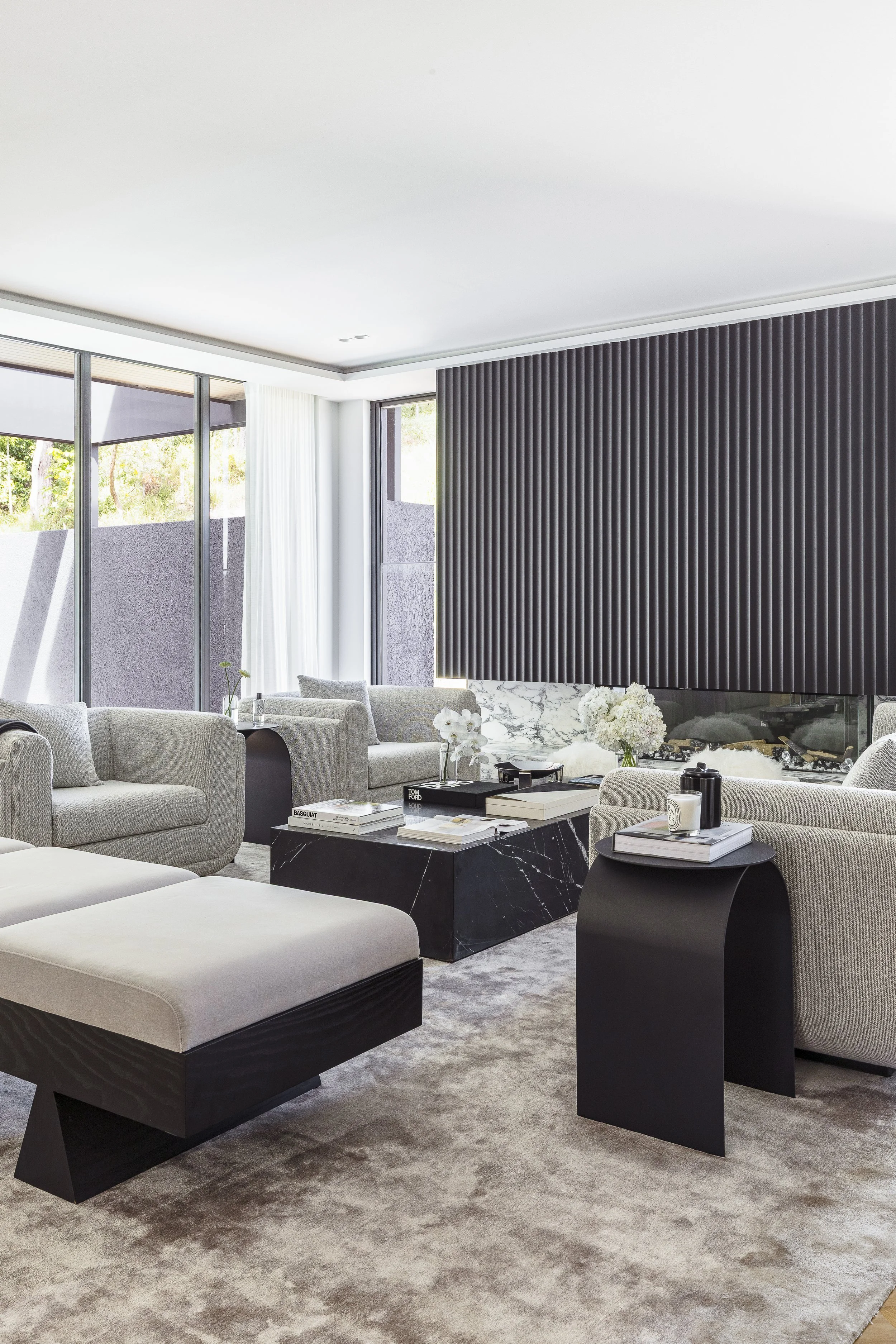 Luxury-Living-Monochrome-Dark-Living-Space-Fluted-Timber-Feature-Wall