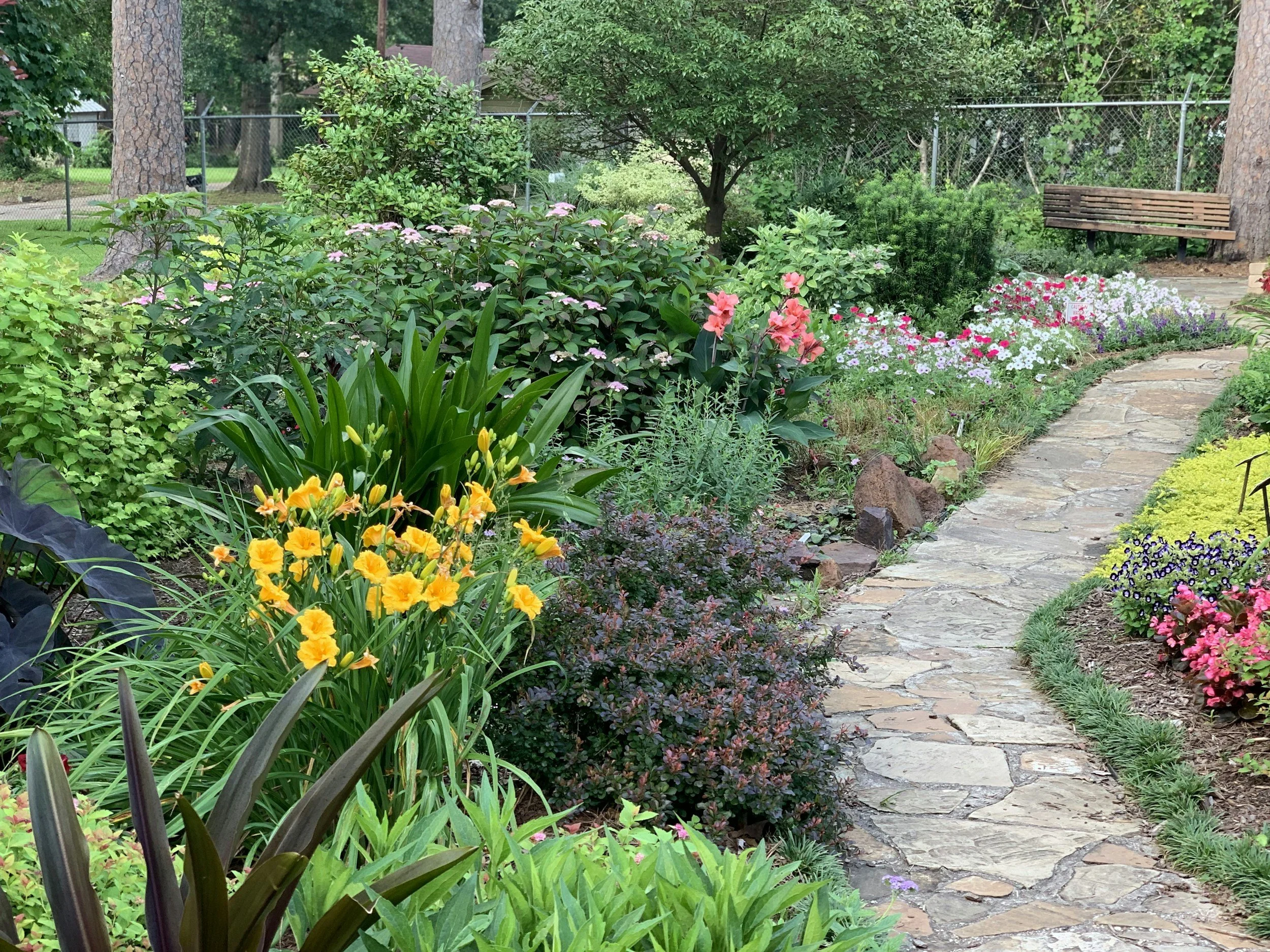 Garden Maintenance Ealing. A stone pathway winding through a colorful flower garden with bushes, trees, and a bench in the background.