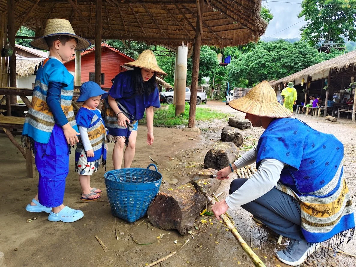 Tourists preparing food for elephants at elephant sanctuary, Chiang Mai