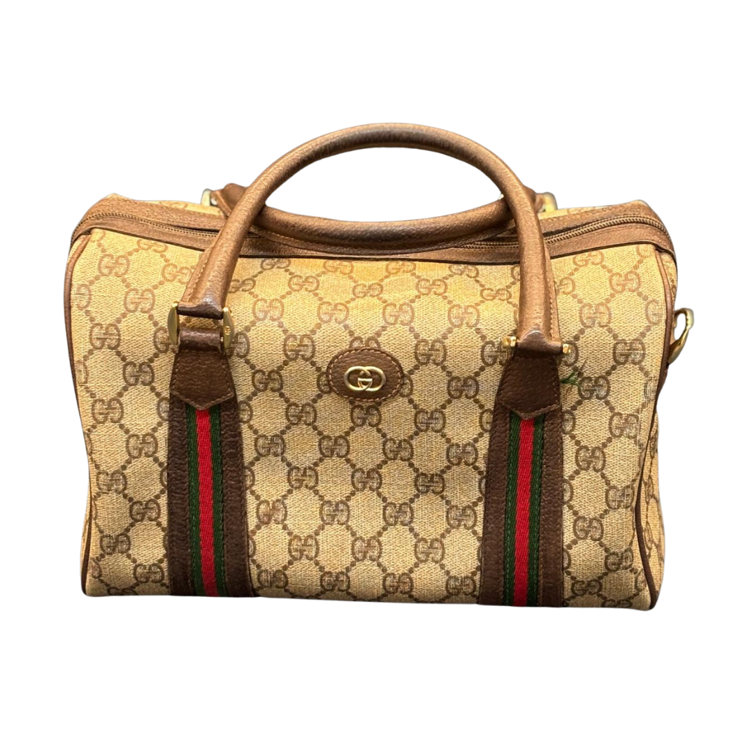 Laptoptasche mit Gucci-Design, braun mit den bekannten Gmuster und grüner roter Streifen, goldene Details.