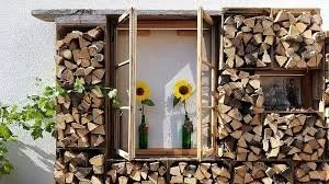 Ein Holzofen zur Lagerung von Holzscheiten mit zwei offenen Fenstern in der Mitte, die Sonnenblumen in Flaschen zeigen.