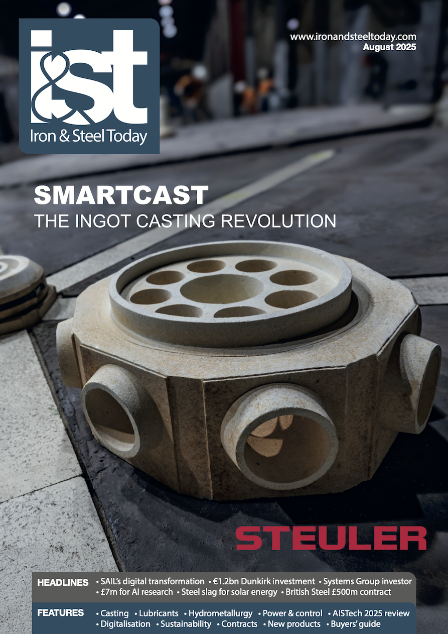 Iron & Steel Today magazine cover featuring ingot casting technology from Steuler, headlines covering steel industry news and technology updates.