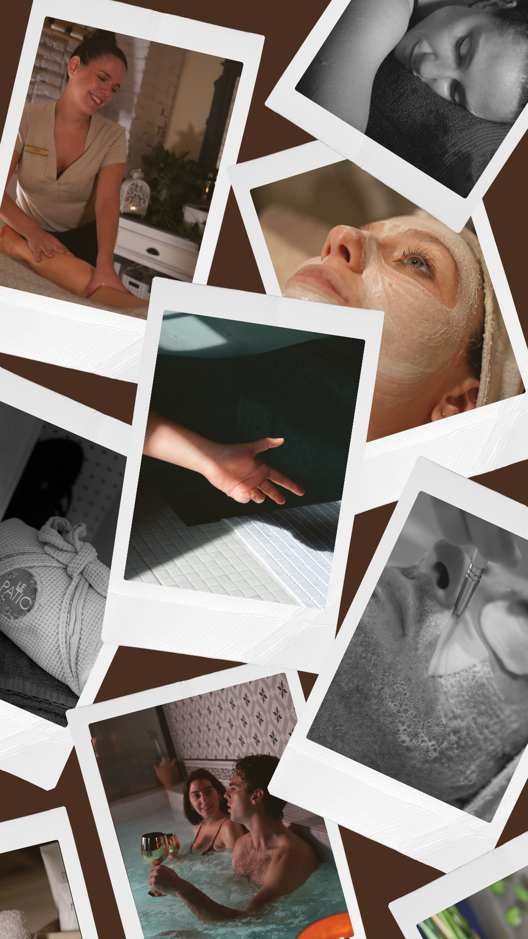 Collage de fotografías que muestran tratamientos de spa, personas relajándose en un jacuzzi, un masaje en un spa, y una pareja disfrutando en el jacuzzi con vino.