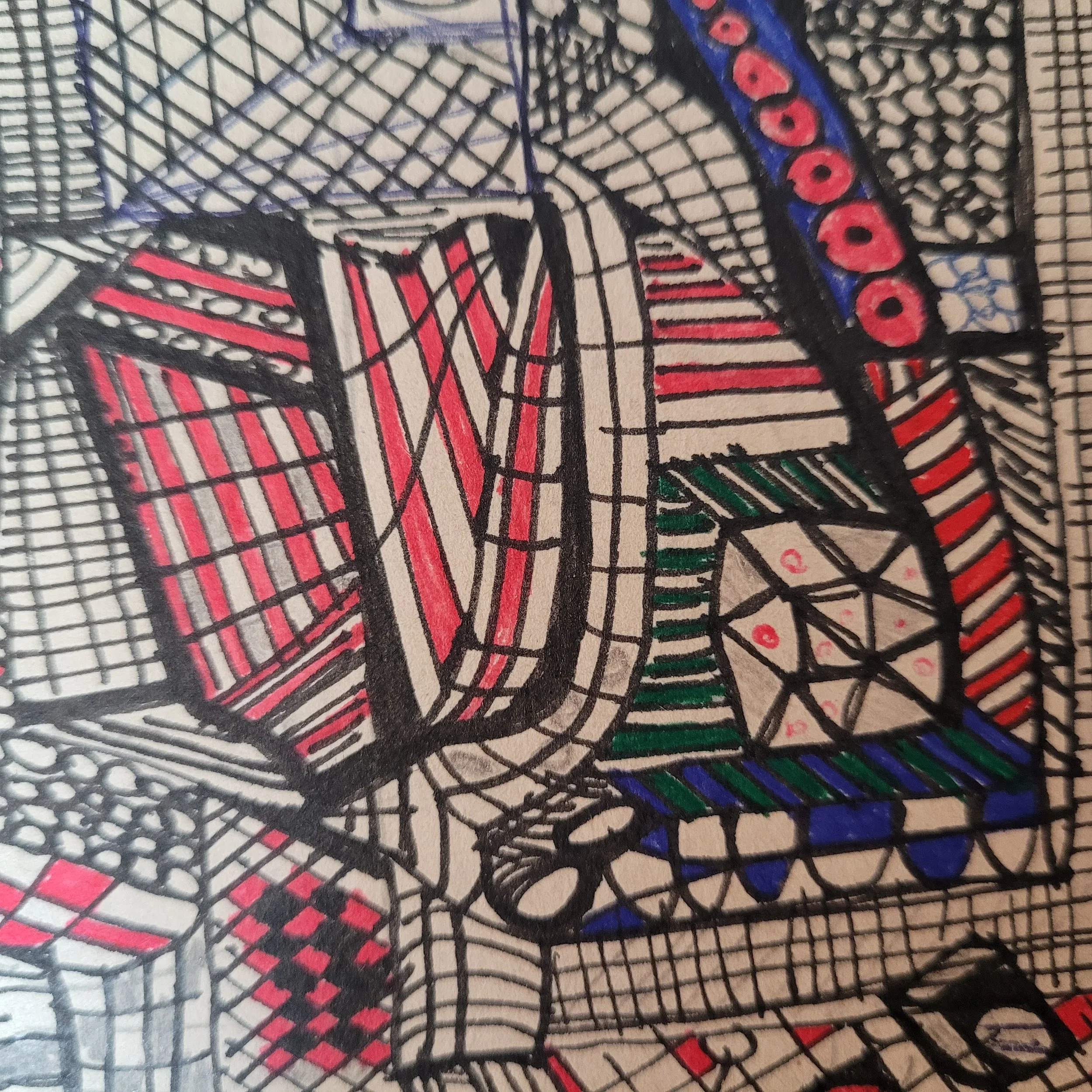 Abstract geometric drawing with red, black, blue, green, and beige patterns.