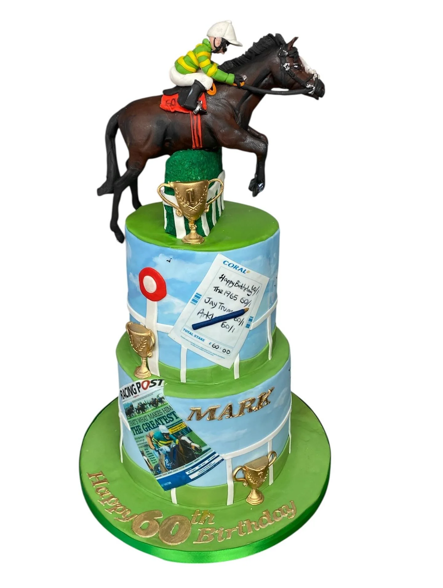 Not the easiest thing to make.  And considering I've owned horses for 45 years of my life I thought it would be easy.  I did put his year of birth on the betting slip song with two horses that won in 1965. #arkle #jaytrump #racehorsecake  #racingcake