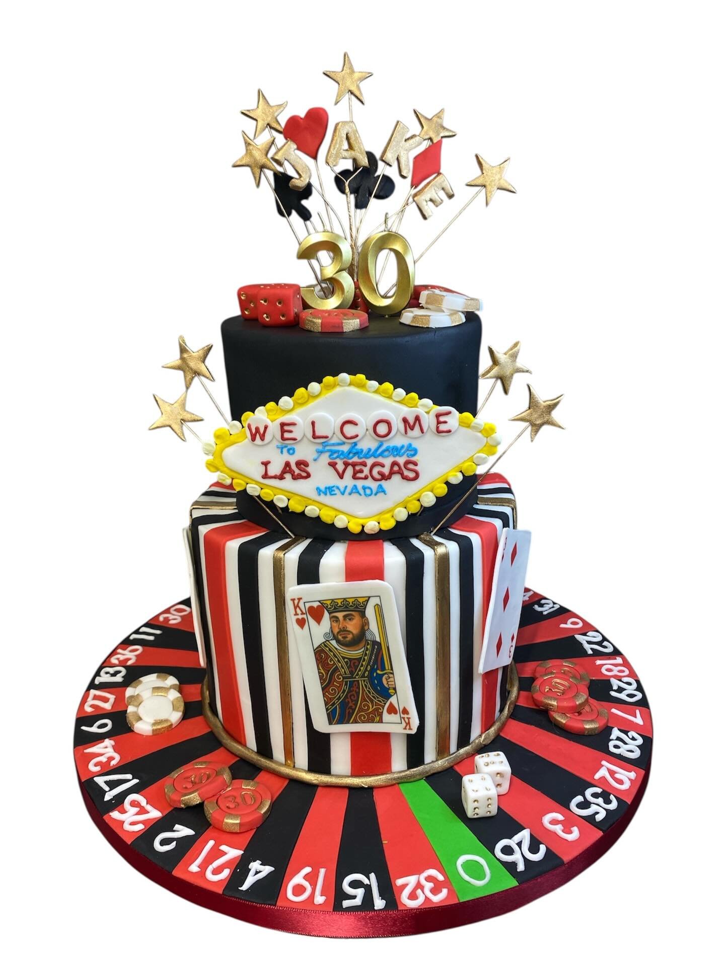 One tier chocolate cake with chocolate cream and a top tier of Madeira sponge cake with jam and cream. All sugar items.