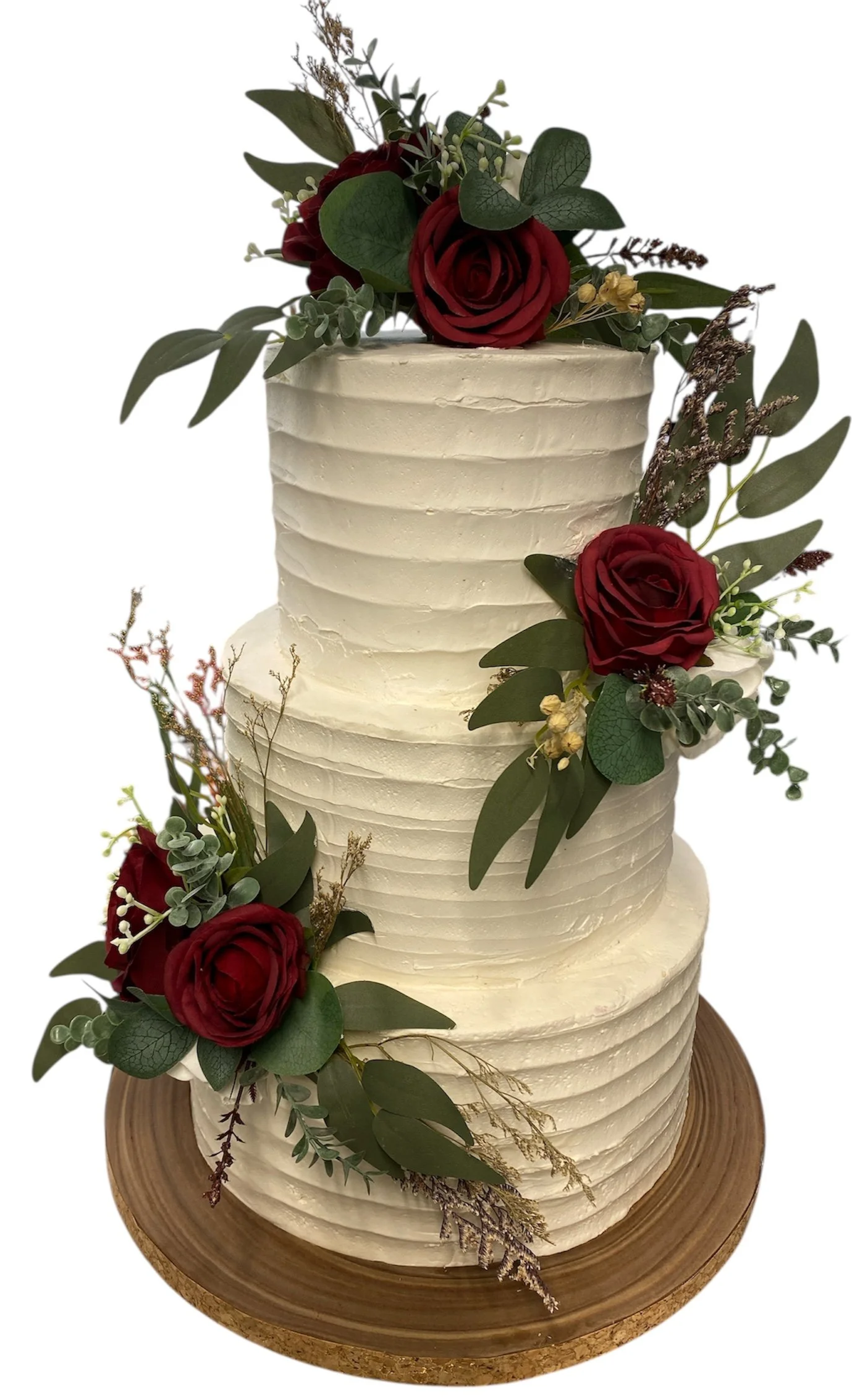 frosted lines with burgundy  roses and foliage