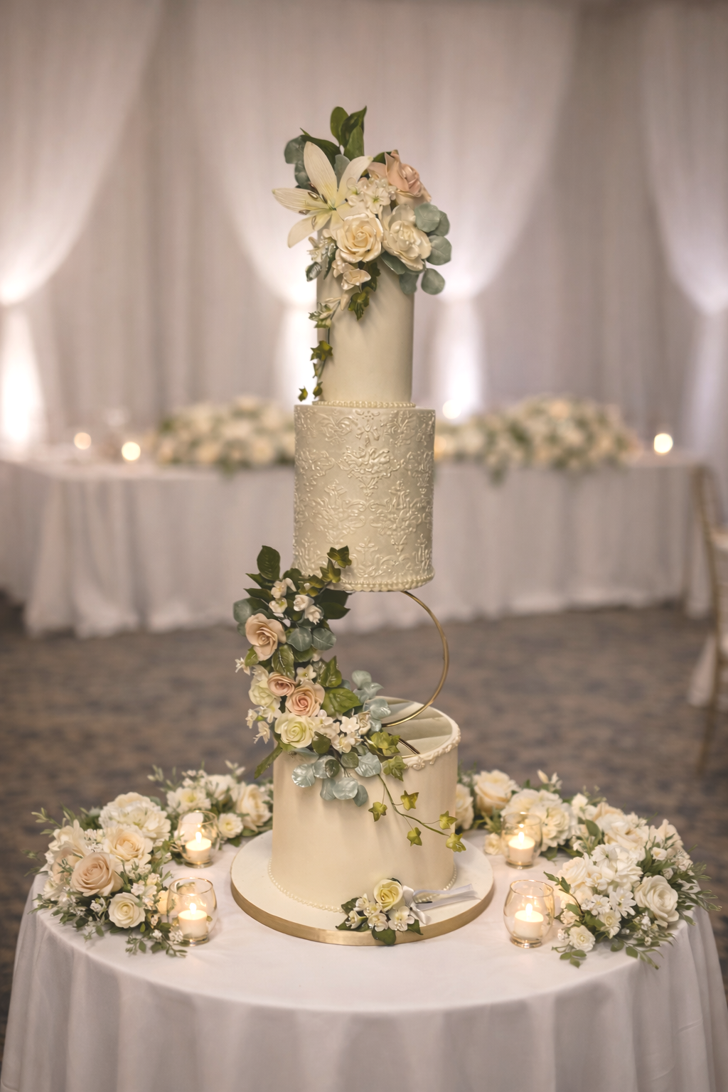 Sugar Floral sprays adorn this ultra high 3 tier cake with stencil work and a gold loop separator. 