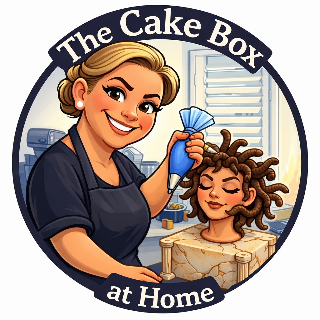 A woman with blonde hair in an updo, wearing a black apron, decorating a bust of a woman with curly hair made of chocolate, using a piping bag. The scene is set in a kitchen with a window and appliances in the background. The image has a circular border with text that reads 'The Cake Box at Home'.