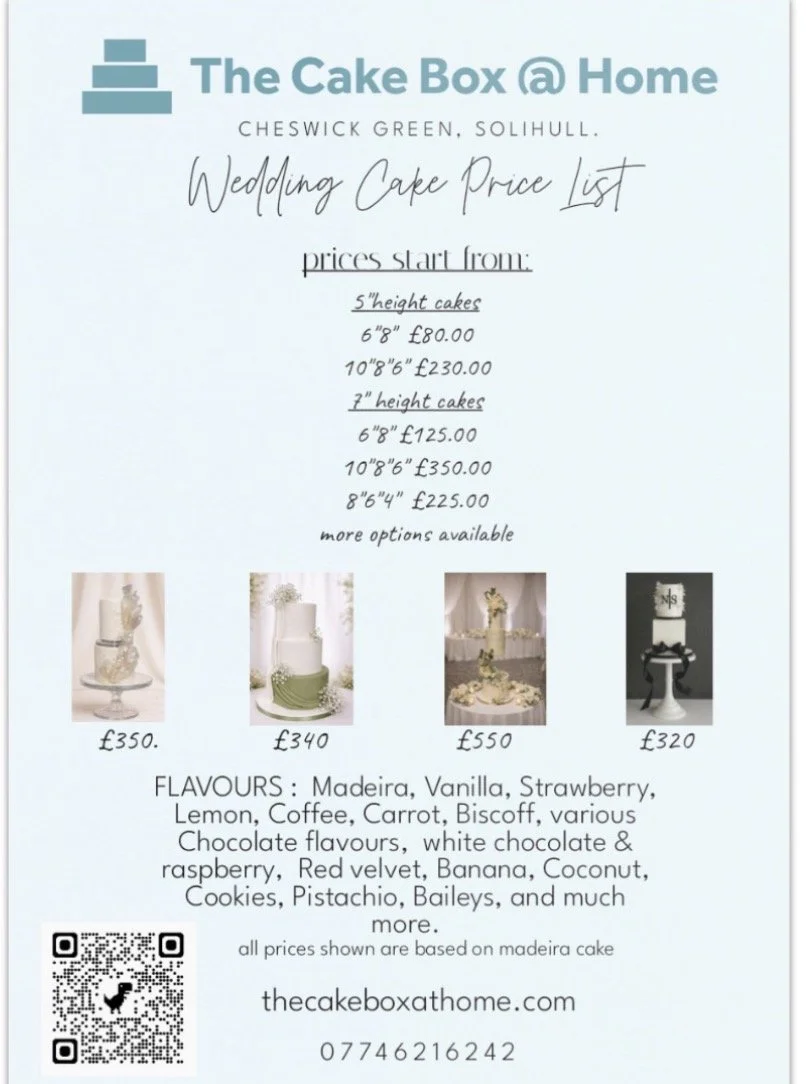 Wedding cake price list from The Cake Box at Home in Cheswick Green, Solihull. Shows prices for various heights and sizes of cakes, with flavor options such as vanilla, strawberry, lemon, coffee, and many others. Features images of four different wed