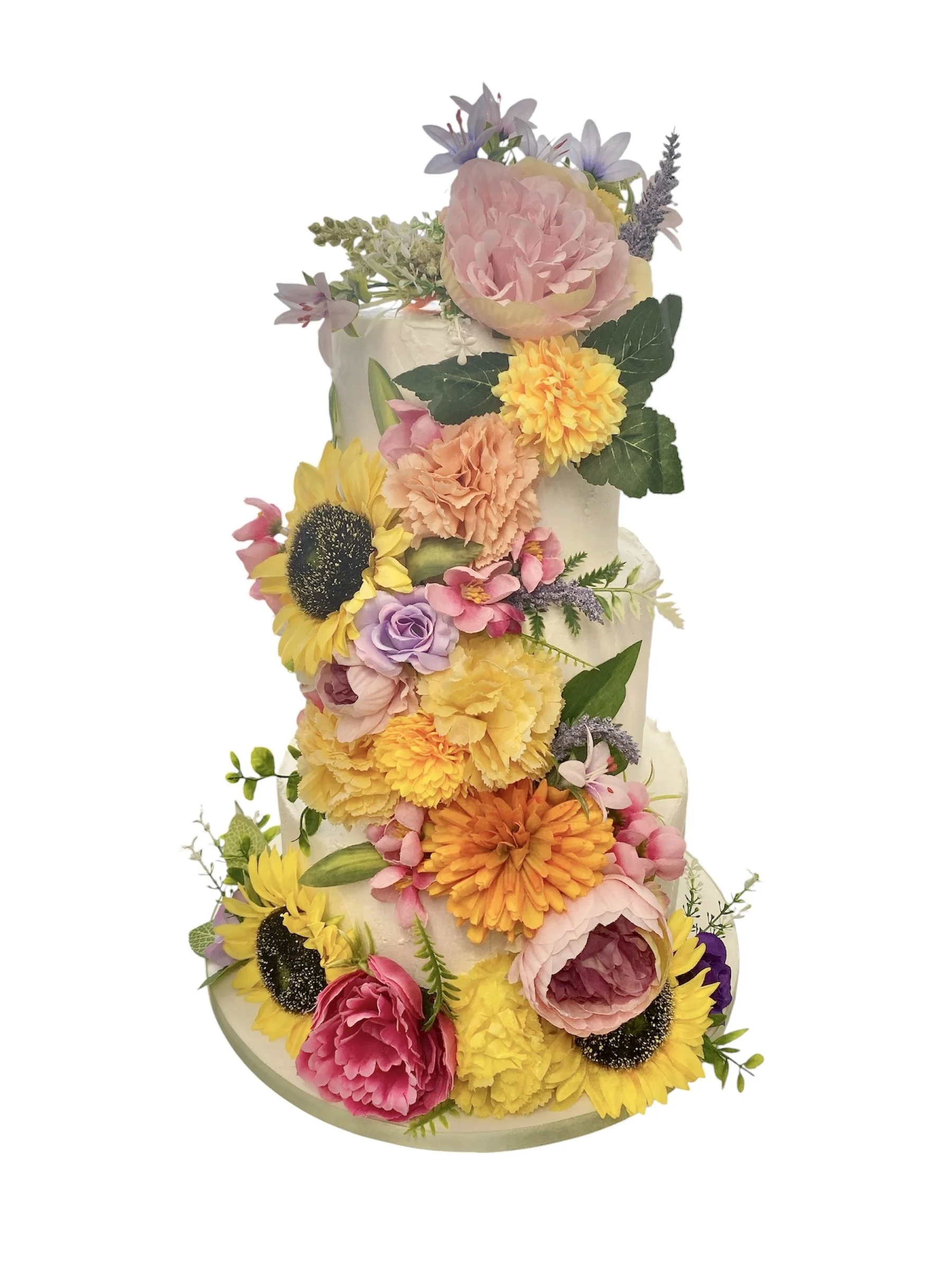 Summer Flora
Created using the customer's huge range of artificial flowers which they supplied to me . The cake has a textured look to it. This cake travelled to Liverpool.  