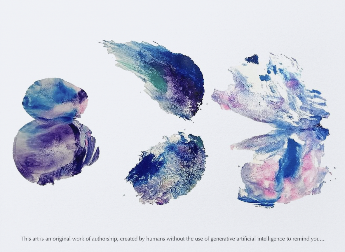 Abstract watercolor painting with blue, pink, and purple brushstrokes on a white background.