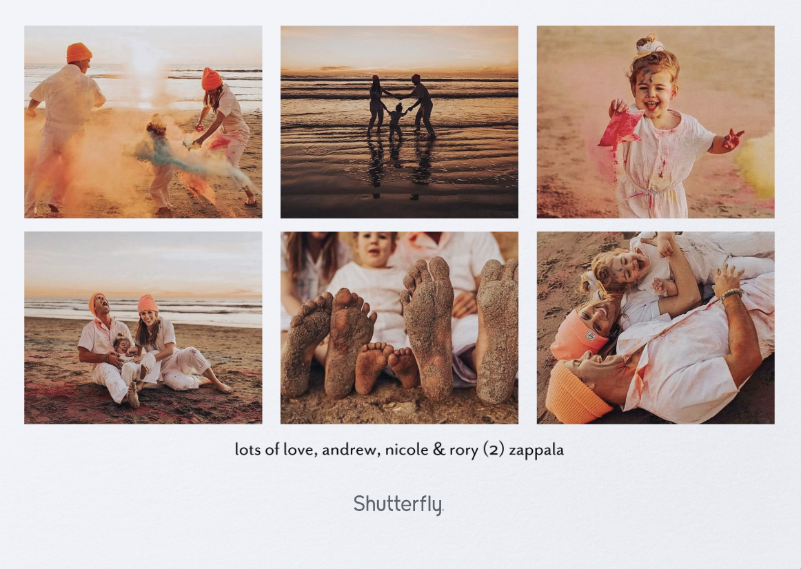 Collage of beach scenes with a family, including colorful powder play, silhouettes by the ocean, sandy feet, and joyful moments. Text reads: "lots of love, andrew, nicole & rory (2) zappala."