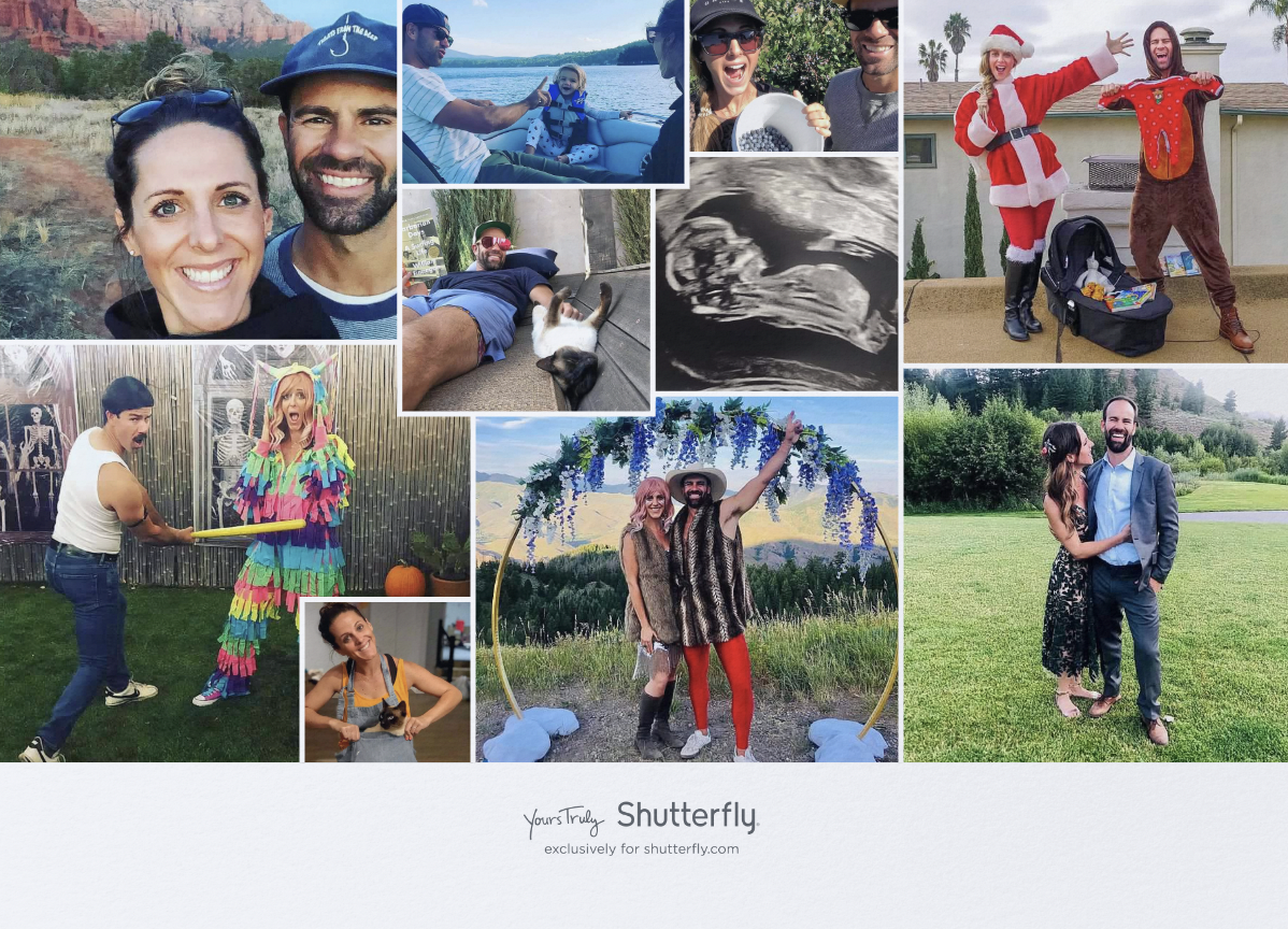Collage of diverse personal moments, including a couple outdoors, people in costumes, a sonogram, and a cat.