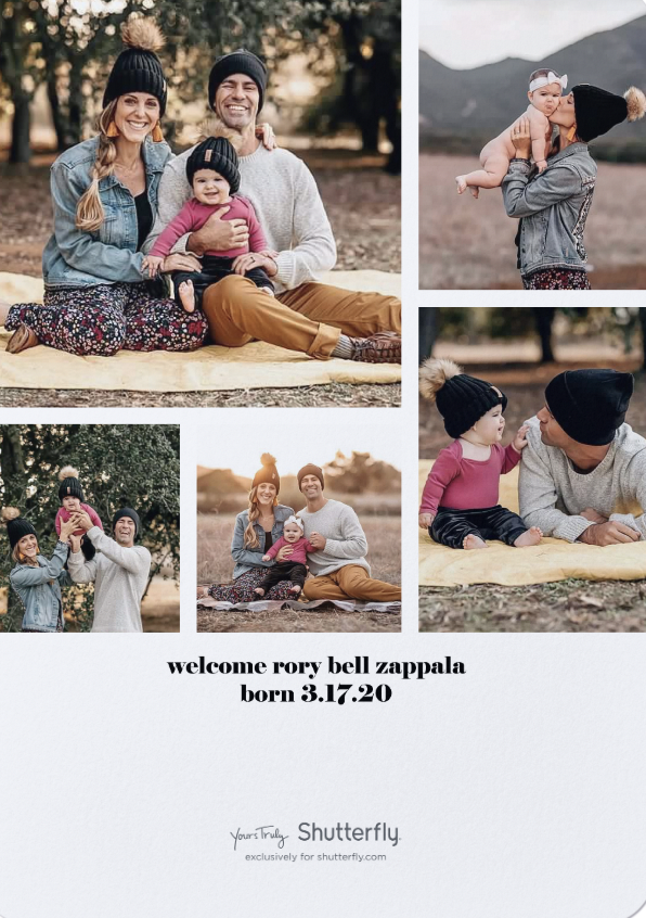 Collage of family photos with a baby, parents wearing winter hats, outdoors