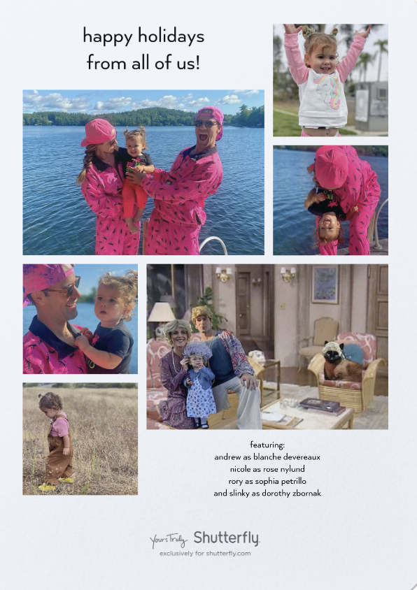 Collage of family holiday greetings with playful costumes, a toddler, and a dog dressed up. Includes a lake scene, nature backdrop, and living room setting. Text reads: 'Happy holidays from all of us!'