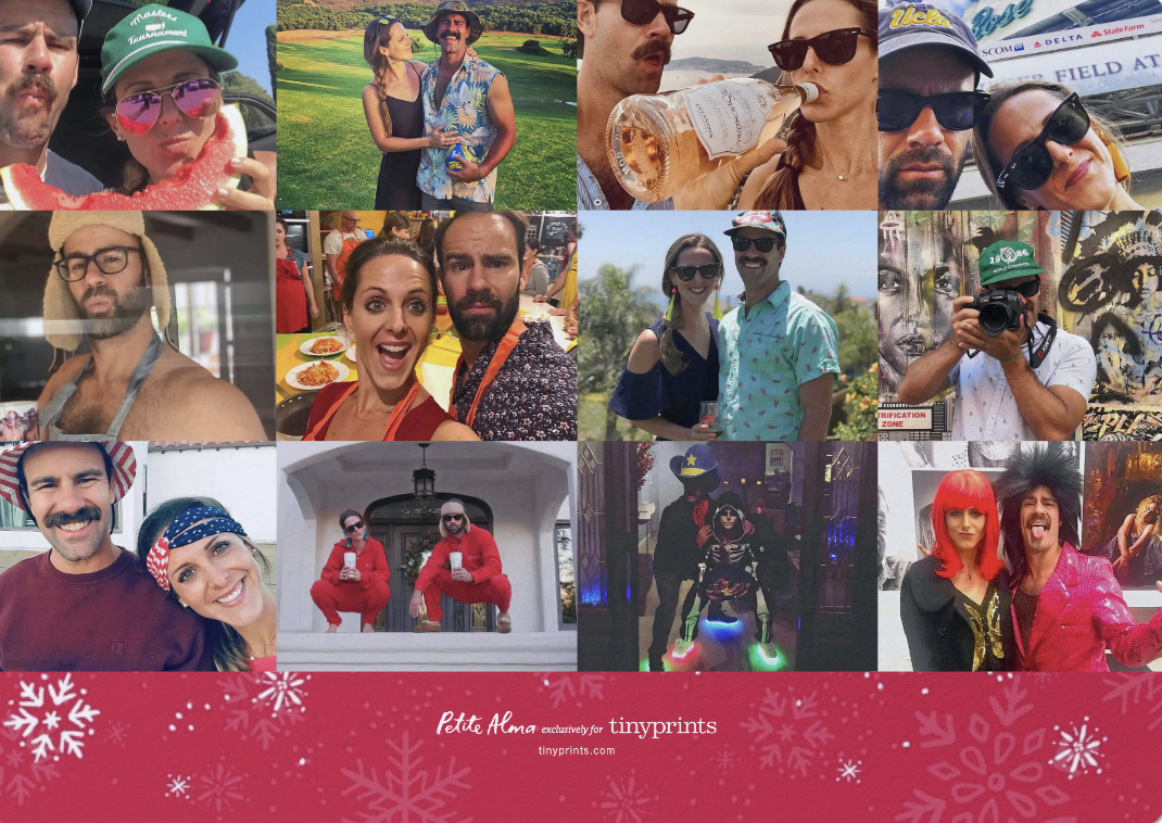 A collage of playful and candid photos featuring a couple in various settings, including outdoor activities, dining, and costumes, with festive snowflake borders and a "Petite Alma exclusively for tinyprints" logo.