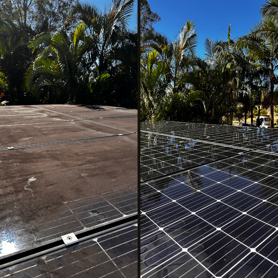 Comparison of a rooftop with no solar panels on the left and a rooftop with installed solar panels on the right, with palm trees in the background.