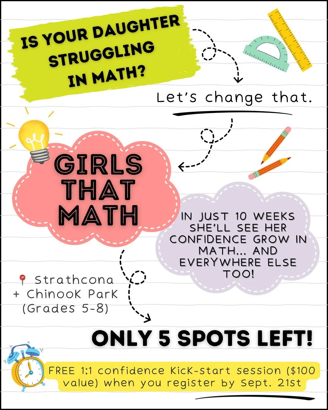 ✨Chinook Park parents, this one’s for you!
👉🏼 The Girls That Math equation:
Small groups + Highly personalized teaching = Confidence that multiplies 🚀 
📍 Chinook Park Community Center
📅 Tuesdays (October - December)
👩🏻‍🤝‍👩🏾