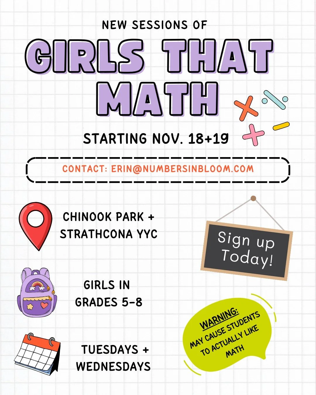 🌸 Girls That Math is accepting new registrations for the next round of classes, starting November 18 + 19!

✨ Only a few spots left &mdash; 2️⃣ in Chinook Park and 3️⃣ in Strathcona!

Hands-on learning. Growth mindset. Real confidence that lasts far