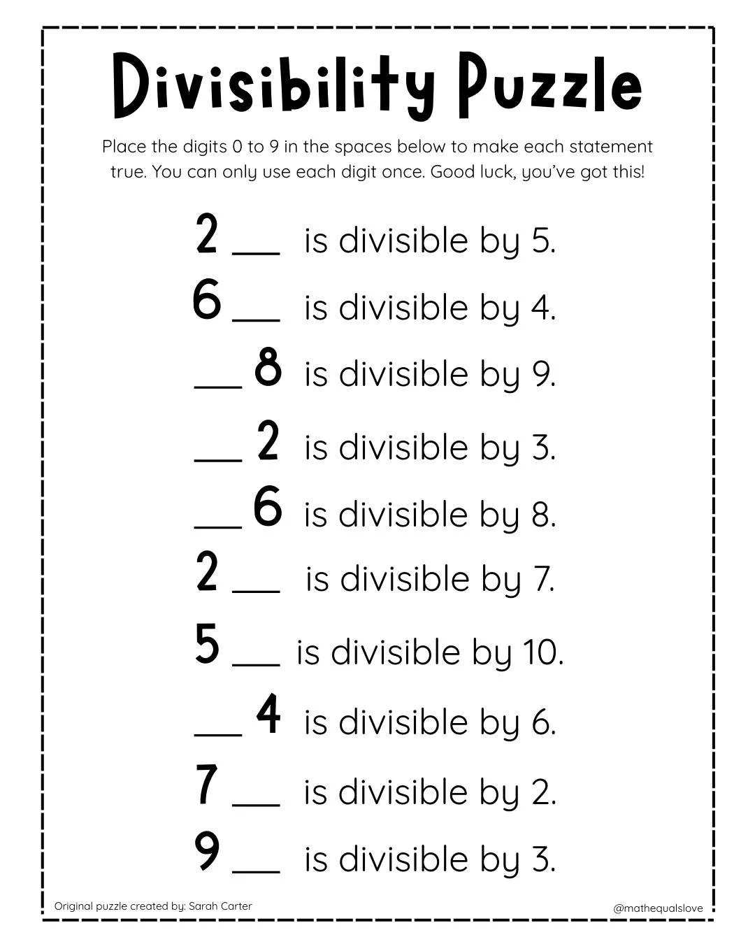 A quick, higher-level thinking challenge for home! This divisibility rules puzzle builds number sense while sneaking in tons of division rules practice. 👏🏼

⭐️ Pro tip: Write digits 0&ndash;9 on mini post-its so your kiddo can move them around whil
