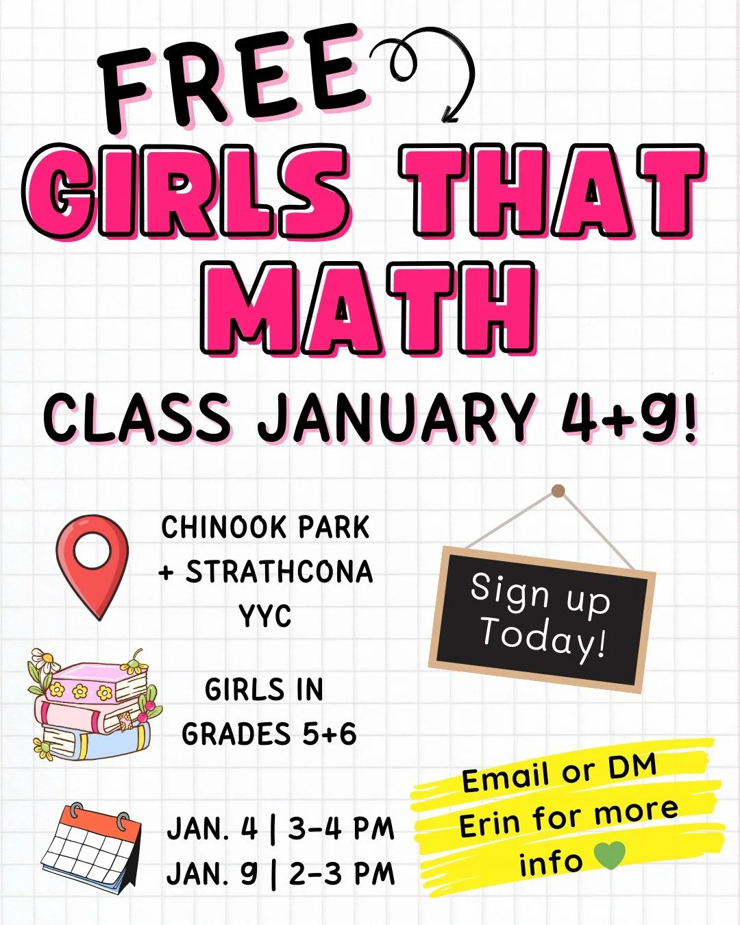 Is your daughter in Grade 5 or 6 and starting to think she&rsquo;s &ldquo;just not a math person&rdquo;?
Let&rsquo;s change that! 💚

Come on out to try a 🎉FREE🎉 Girls That Math class this January and discover how fun (and confidence-boosting!) mat
