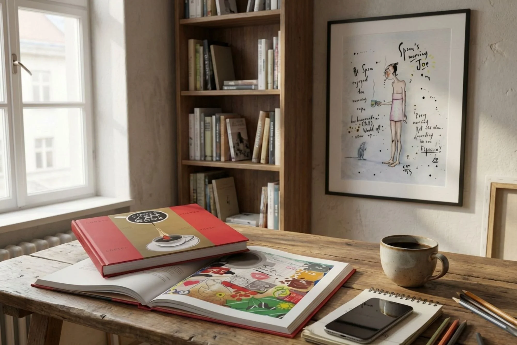 Coffee Table Art Book open on wooden desk with contemporary artwork, coffee cup, and studio setting, independent art book not sold on Amazon.