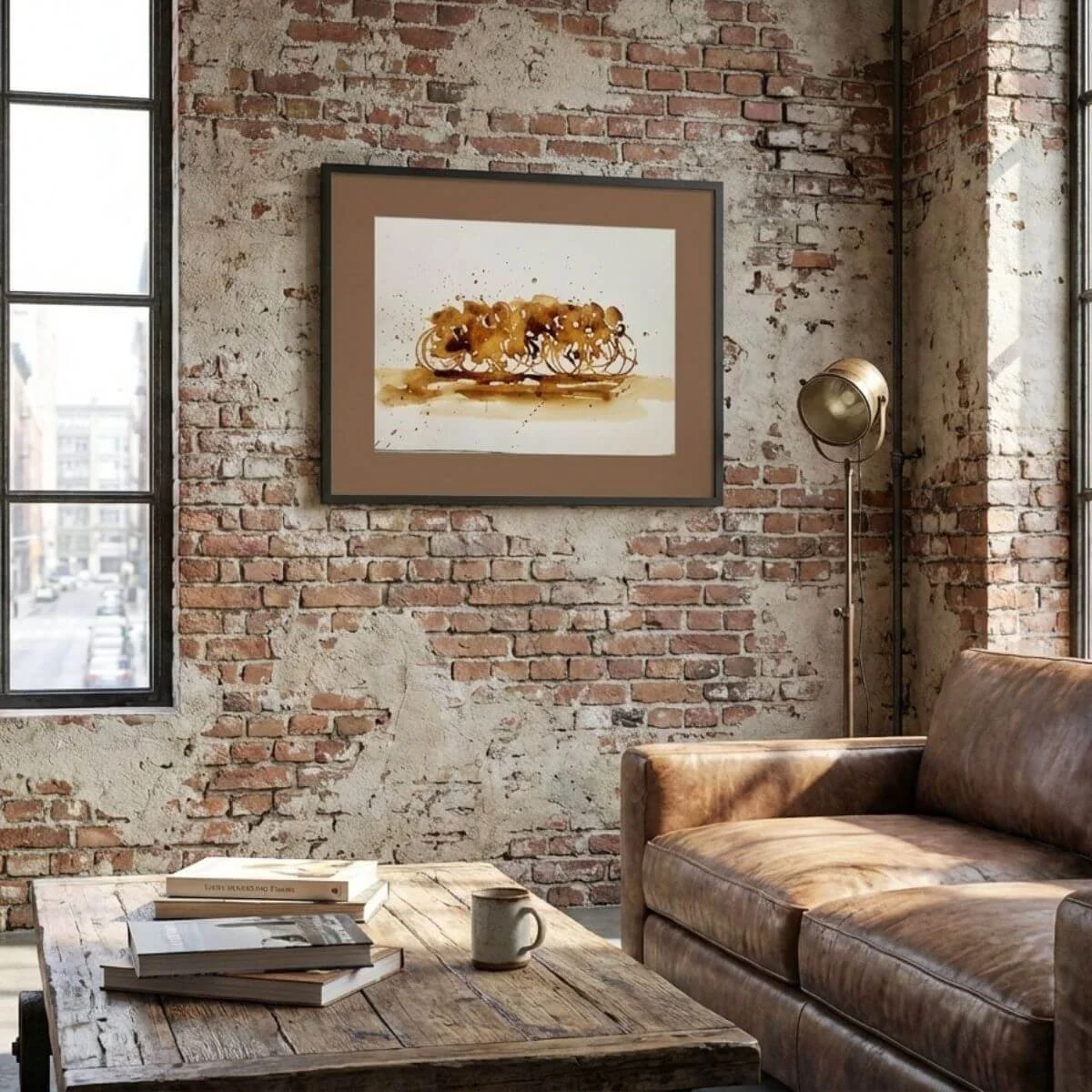 Living room with exposed brick wall, large windows, a leather sofa, a rustic wooden coffee table with books and a mug, a framed art print, and a brass floor lamp.